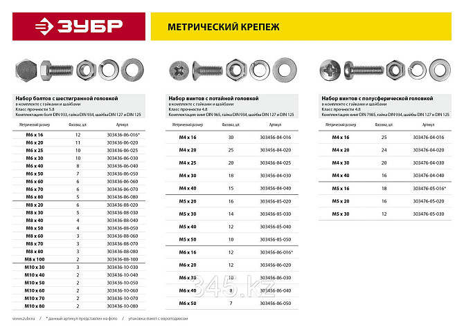 Болт (DIN933) в комплекте с гайкой (DIN934), шайбой (DIN125), шайбой пруж. (DIN127), M10 x 80 мм, 2  Алматы - изображение 3