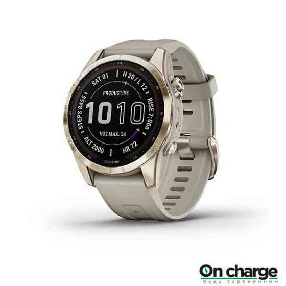 Умные часы Garmin Fenix 7S Sapphire Solar титановый кремово-золотой с светло-песочным силиконовым ре Astana