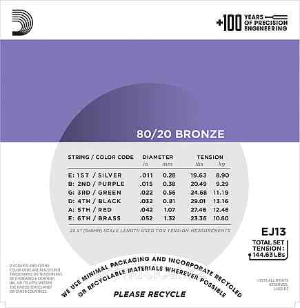 Струны D`ADDARIO EJ13 80/20 BRONZE CUSTOM LIGHT 11-52 Алматы