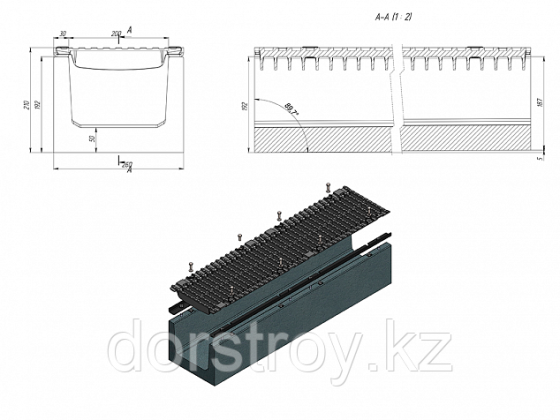 Лоток водоотводный бетонный с решеткой щелевой чугунный ВЧ кл.D в комплекте 1000х285х290 мм +7707996 Алматы