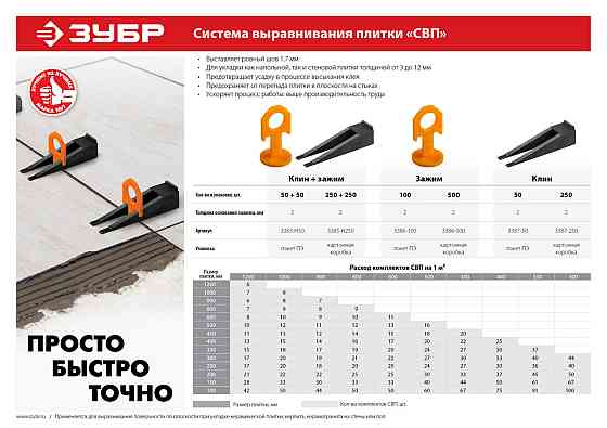 ЗУБР СВП комплект: 50+50шт (клин + зажим), система выравнивания плитки, в пакете. Алматы