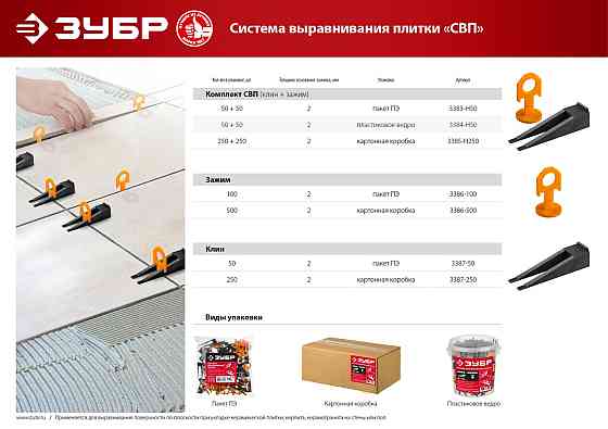 ЗУБР СВП комплект: 50+50шт (клин + зажим), система выравнивания плитки, в пластиковом ведре. Алматы
