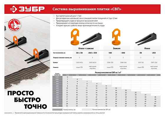 ЗУБР СВП комплект: 250+250шт (клин + зажим), система выравнивания плитки, в коробке. Алматы