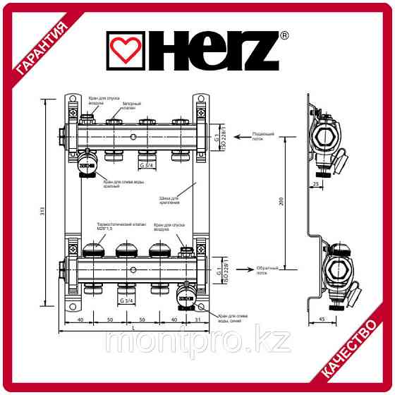 Коллектор для теплого пола на 4 выхода с расходомерами латунный (HERZ Австрия) Алматы