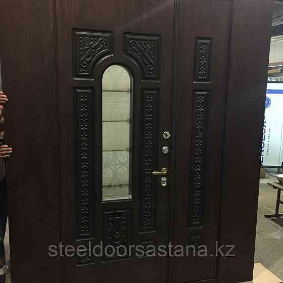 Дверь стальная со стеклопакето с влагостойким МДФ, виноритом и зашивками по бокам Астана