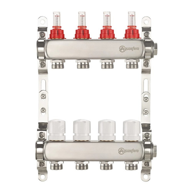 Коллектор для теплого пола, нержавеющая сталь ДУ 25, ВР 1" x 8 контура НР 3/4" Aquasfera Астана - изображение 1