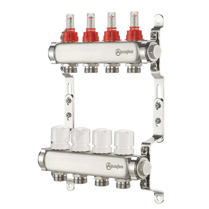 Коллектор для теплого пола, нержавеющая сталь ДУ 25, ВР 1" x 8 контура НР 3/4" Aquasfera Астана - изображение 2