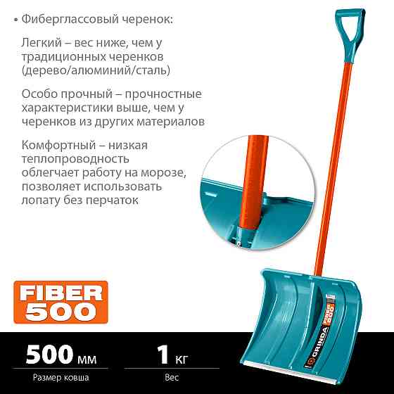 GRINDA 500 мм, с алюминиевой планкой, снеговая пластиковая лопата, FIBER-500 ProLine 39940 Алматы