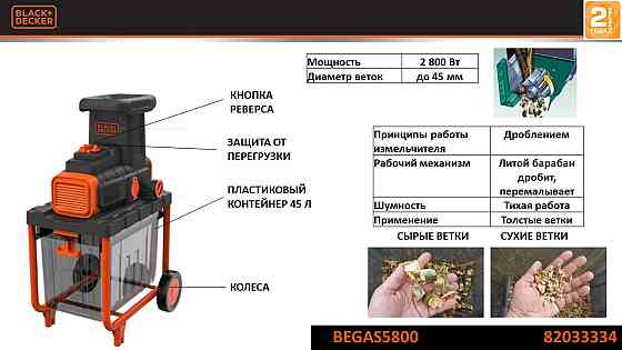 Измельчитель электрический барабанного типа, 2800 Вт, до 45 мм, 45 л BLACK+DECKER BEGAS5800 Алматы