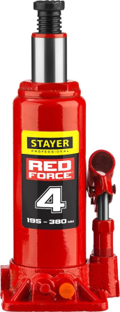 Домкрат бутылочный гидравлический RED FORCE, STAYER 4 т, 195-380 мм, серия "Professional" (43160-4_z Нур-Султан