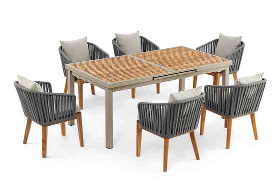 Обеденный металлический стол с деревянными стульями, 7 предметов Алматы