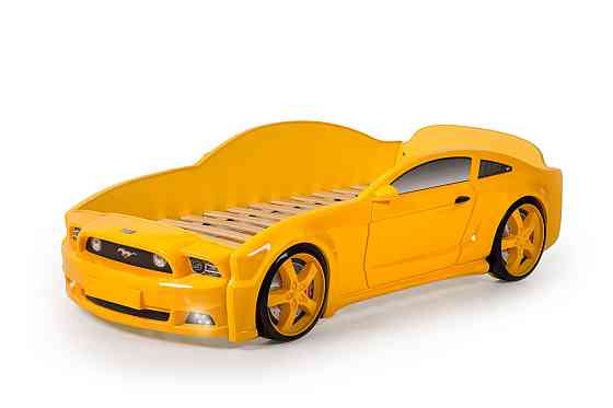 Кровать-машина "Мустанг" 3D (объемная пластиковая) желтая с матрасом и подсветкой фар Алматы