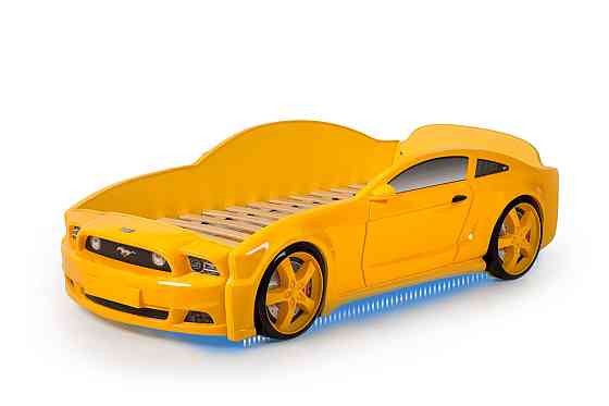Кровать-машина "Мустанг" 3D (объемная пластиковая) желтая с матрасом и подсветкой фар Алматы