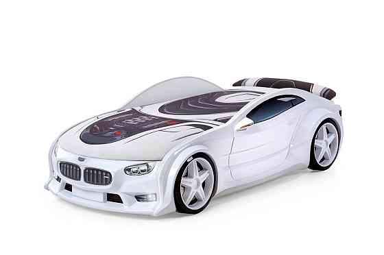 Кровать-машина объемная (3d) NEO "BMW" белый (подсветка фар, обивка 3D, мягкий спойлер) Алматы