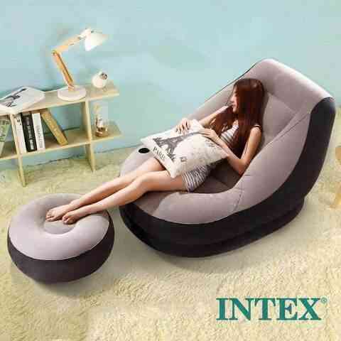 Кресло надувное c пуфиком для ног Intex Ultra Lounge с велюровым покрытием (Серый) Алматы